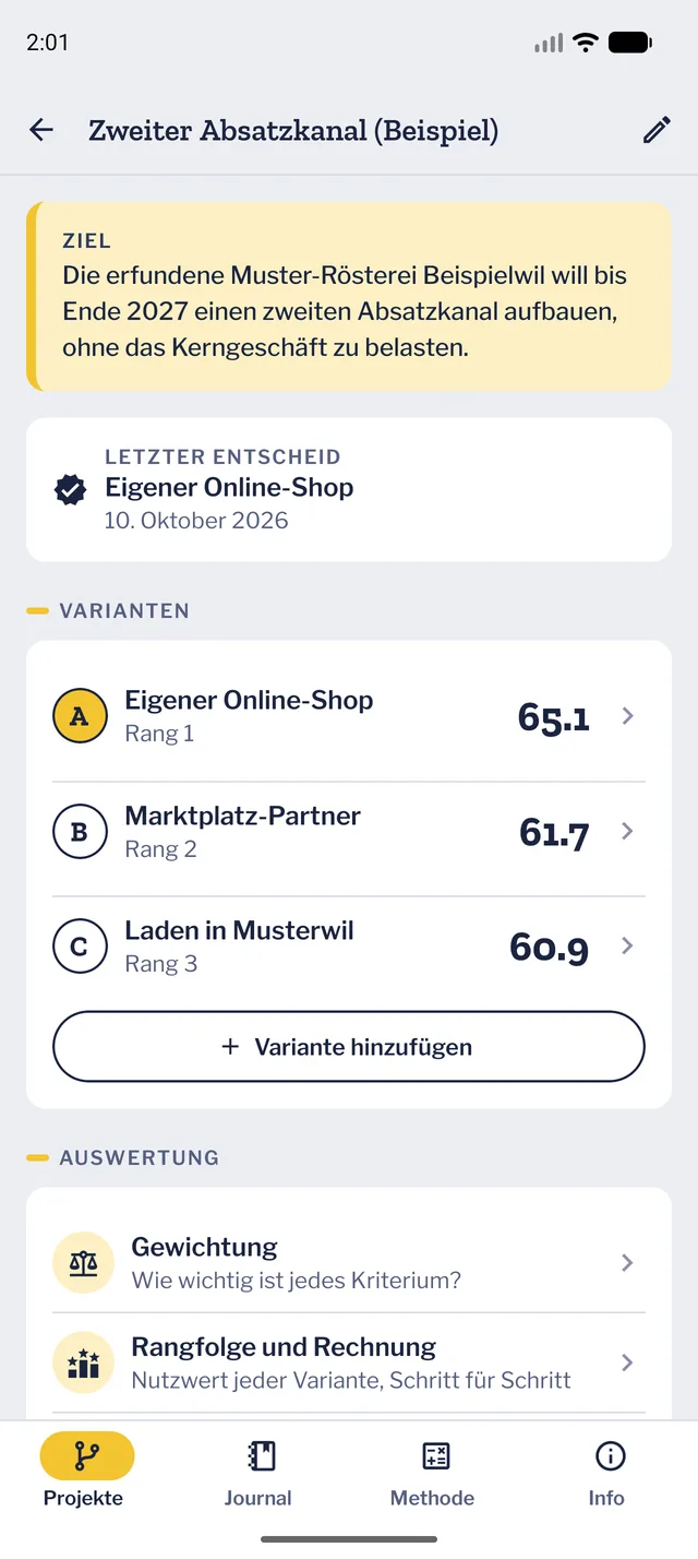 Projektübersicht mit Ziel, drei Varianten samt Nutzwert und Rang sowie den Auswertungen.