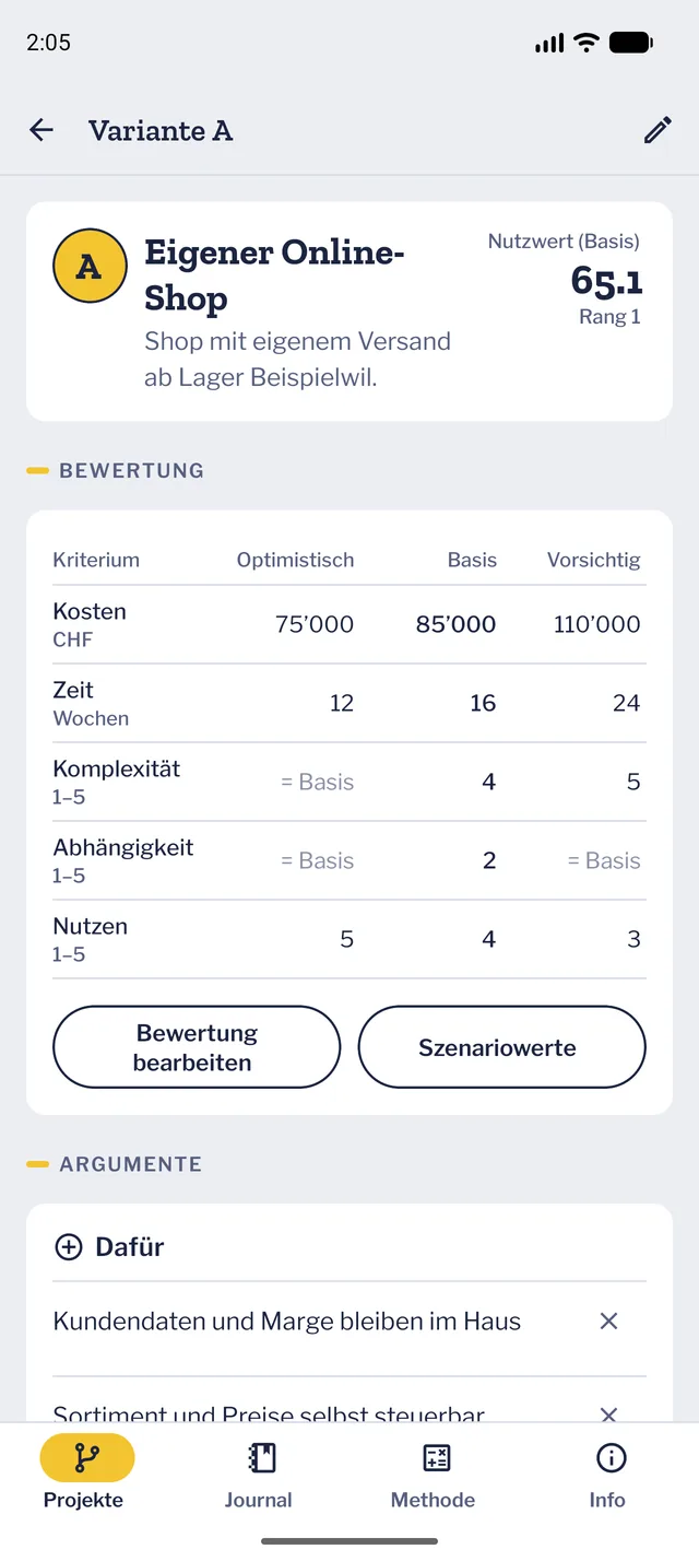 Eine Variante mit ihrer Bewertung in drei Szenarien und den erfassten Argumenten.