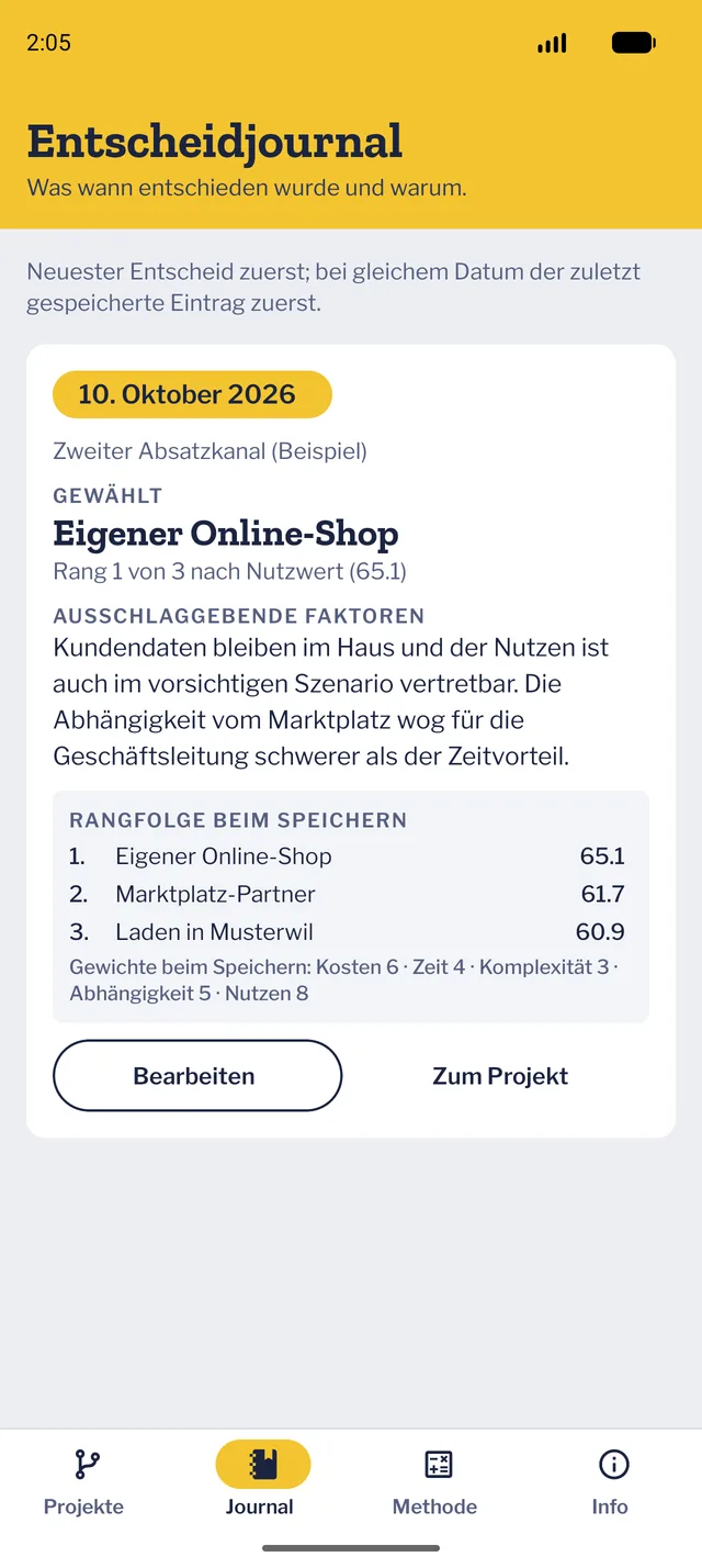 Entscheidjournal mit Datum, gewählter Variante, ausschlaggebenden Faktoren und der Rangfolge beim Speichern.
